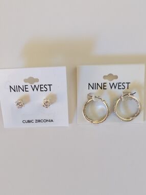 Nine West Gold-Tone Textured Hoop and Clear Stone Stud Earrings